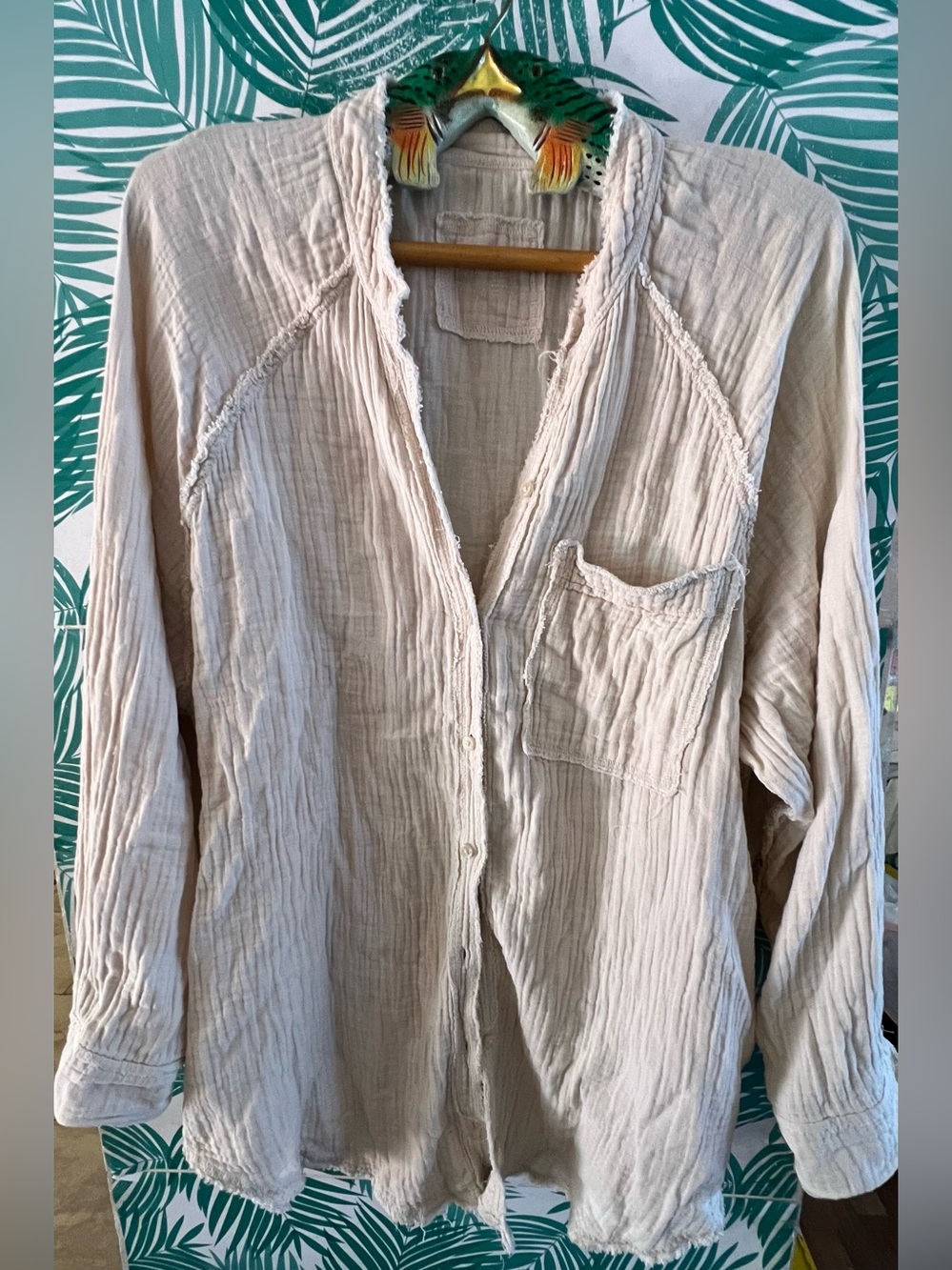 Aerie pool to party cover up Cream Gauze Button-Front Shirt Sz M oversized